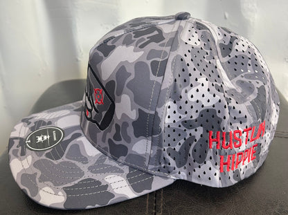 Zapped “Blackhawk” 5 Panel Perforated Cap- GREY CAMO- GREY LOGO w/ BOLD style