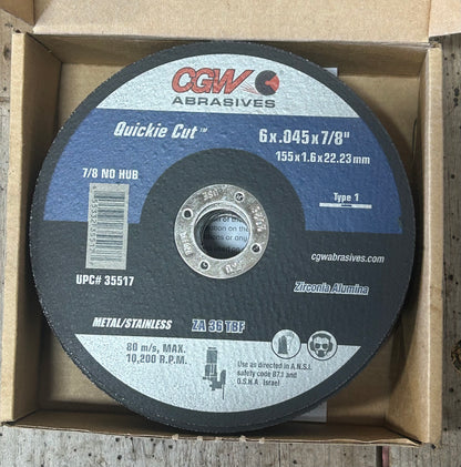 CGW Abrasives 6 x .045 x 7/8" Reinforced Cut- Off Wheel- Quickie Cut Type 1 ZA 36 TBF- Metal/Stainless Steel Cutting Discs