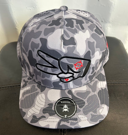 Zapped “Blackhawk” 5 Panel Perforated Cap- GREY CAMO- GREY LOGO w/ BOLD style