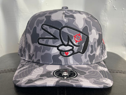 Zapped “Blackhawk” 5 Panel Perforated Cap- GREY CAMO- GREY LOGO w/ BOLD style