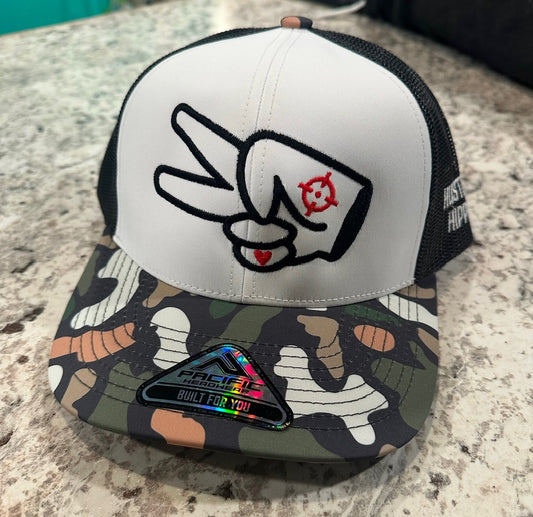 Pacific P686 Hat- WHITE/BLACK/CAMO BILL- BLACK LOGO w/ BOLD style